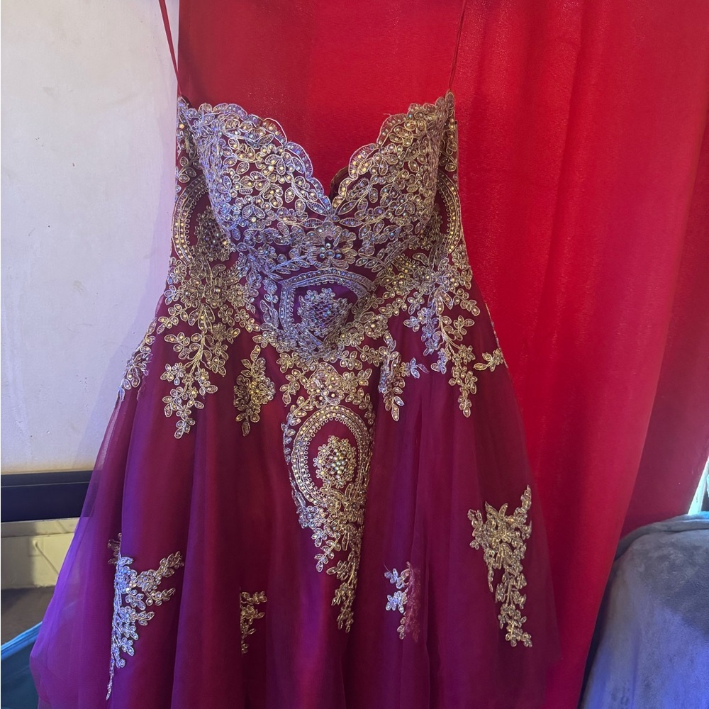 Chicas Red and Gold Embellished Prom Dress